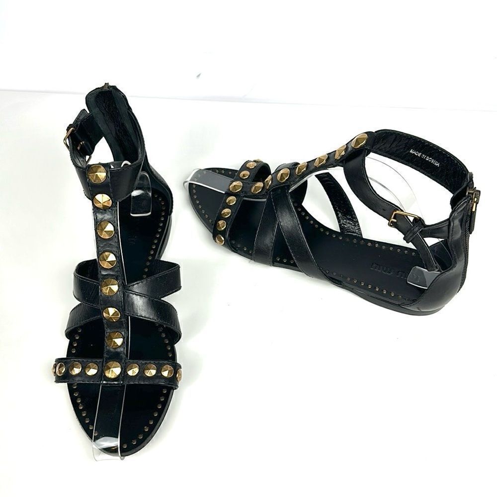 Miu Miu Black Leather Studded Gladiator Sandals with Gold Accents - Picture 3 of 14